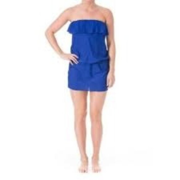 ECO SWIM‎ Womens Coverup XSmall Blue Swimsuit Ruffled Strapless Cinched Strechy - Picture 1 of 11